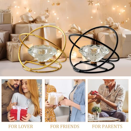 Modern Geometric Candle Holder – Metal & Crystal Design for Taper and Tealight Candles – Tabletop Home Decor (Candle Not Included) (Gold) - color: Gold