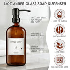 KEYWING Kitchen Soap Dispenser Set with Wood Tray, 16oz Amber Glass Soap Dispensers with Stainless Steel Pumps, Hand and Dish Soap Dispenser Set for Kitchen, Soap and Lotion Dispenser Set for Bathroom