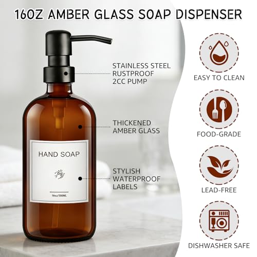 KEYWING Kitchen Soap Dispenser Set with Wood Tray, 16oz Amber Glass Soap Dispensers with Stainless Steel Pumps, Hand and Dish Soap Dispenser Set for Kitchen, Soap and Lotion Dispenser Set for Bathroom