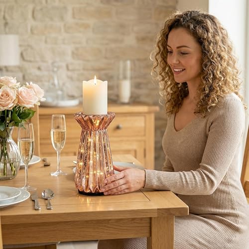 Home Decor, Mercury Glass Pillar Candle Pedestal Holders with led Lights, Lighted up Candle Holder for Pillar Candle, Glass Candlestick Holders with Timer for Wedding Dining Table Xmas (Rosegold) - color: Rosegold