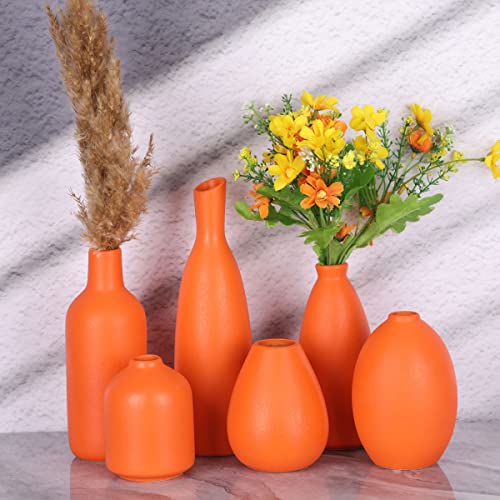 Orange Ceramic Bud Vases Set of 6, Farmhouse Decor, Fireplace Decor, Mantle & Shelf Decor, Home Decoration for Living Room, Entrance, Bathroom, Kitchen & Office, Coffee Table Decor, Bud vases in Bulk - color: Orange Set