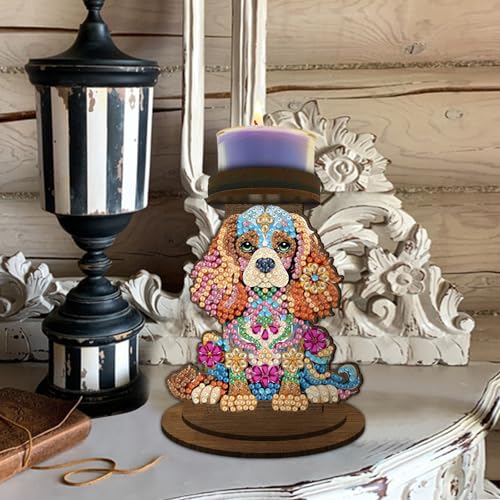 ARTopet DIY Diamond Art Painting Candlestick Holders Wooden Desk Candle Holder Ornament Double Sided Diamond Tabletop Ornaments for Home Decor-Dog - color: Dog