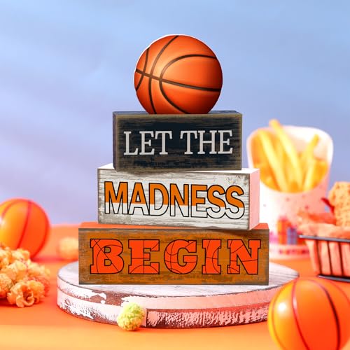 Yuntau 4 Pcs Wooden Tabletop Decor Tiered Tray Decor Rustic Wood Block Sign Gift Centerpiece Farmhouse Table(Basketball) - style: Basketball