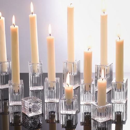 LETINE 12pcs Vertical Stripe Glass Candlestick Holders - Chic Taper Candle Sticks Holder Set for Elegant Dining & Home Decor - Ideal for Wedding Centerpieces, Parties, and Celebrations - color: Clear