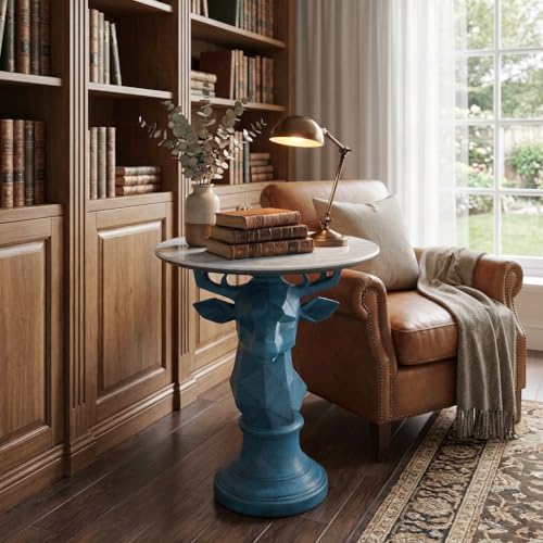 Deer Side Table for Living Room - 20" Faux Marble Top Accent End Table with Hand-Carved Resin Deer Statue Base - Modern Round Bedside Table for Bedroom, Patio, Entryway, Gift - Tool-Free Setup - color: Blue Deer