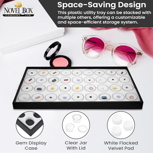Novel Box Jewelry Display Tray Black Plastic 8.25 x 14.75 x 1 Large Jewelry Tray with 36 Gem Jars Insert | Rectangular Display Trays for Collectibles | Rock Collection Tray | Gem Display Tray - color: 36-Gem Jars White Foam Liner, size: Plastic Tray: 8.25