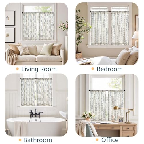 jinchan Boho Linen Blend Kitchen Curtains 36 Inch Length Herringbone Printed Tier Curtains for Small Windows Bathroom Cafe Laundry Room Set of 2 Rod Pocket Blue on Linen - color: Arrow | Blue on Linen, size: 26"W x 36"L (Pack of 2)