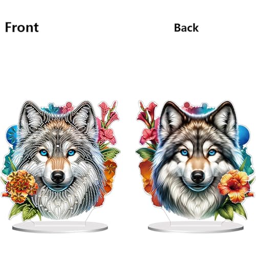 5D Tabletop Diamond Art Kit Flower Wolf, Stand Up Special Shaped Crystal Diamond Art Desktop Kits for Adults, DIY Diamond Painting Kits Craft, Box Package - color: Flower Wolf