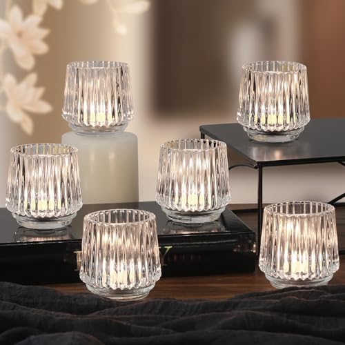 SHOHAYTO Large Glass Votive Candle Holders Set of 6, Ribbed Tealight Holders for Votives, Floating Candles Table Centerpieces Wedding Home Decor - color: Glass