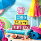 Yuntau 4 Pcs Summer Decorations for Office Hawaii Table Decorations Wooden Sign Flip Flops Table Centerpiece Summer Tiered Tray Decor Decorative Faux Book Stack Block for Coffee Mantel Floating Shelf - style: Pink Flip Flops