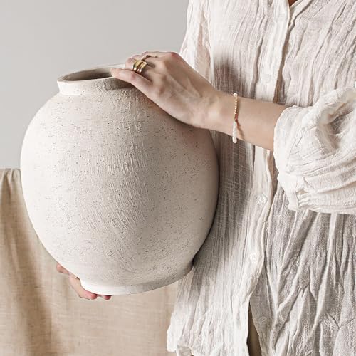 White Ceramic Vase - Large 10.8 Inch Round Floor Vase for Centerpieces, Farmhouse Flower Vases, Rustic Minimalist Home Decor (Sandstone White) - color: Sandstone White, size: 10.8 inch