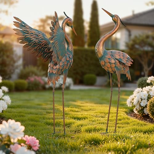 Extra-Large Metal Crane Statue, 36.8" Handcrafted Blue Heron Decor Sculptures with Stable U-Ground Stakes, Backyard Decoration, Metal Garden Bird Animal Yard Art, Lawn Ornament Decor - color: 36" -Weathered Copper Blue