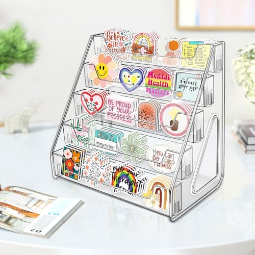 Tall 5-Tier Acrylic Card Display Stand for Greeting Cards, Sports Cards, Postcards, Stickers & Brochures, Easy Snap-On Sticker Display Rack