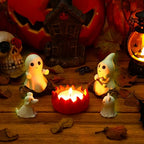 Glow-in-The-Dark Ghost Campfire Gathering, Cute & Cozy Halloween Ghost Figurine Set | 2 Ghosts, Ghost Dog, Ghost Cat and Tea Light Holder | Resin Ghost Statue for Home, Mantel, Shelf, Desk