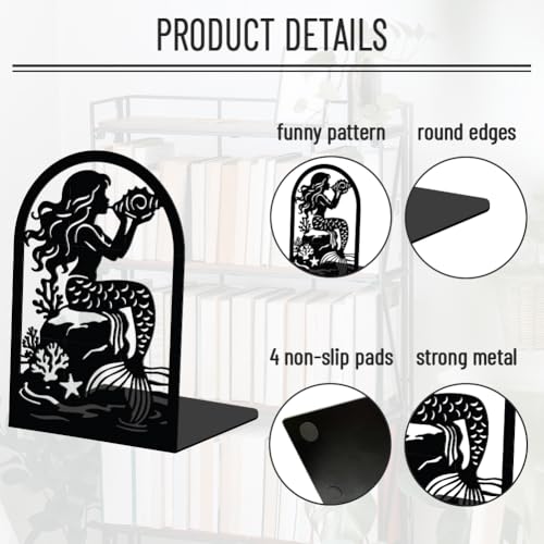 WADORN 1 Pair Mermaid Metal Decorative Bookend for Shelves, Heavy Duty Book Ends Modern Non-Skid Books Holder Stand Black Book Support Stoppers for Desk Bookshelf Office Home, 5.3x4.3x7.8 Inches - color: Mermaid