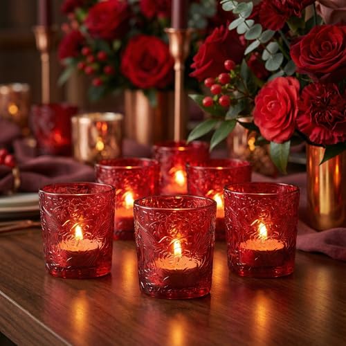 12 Pack Hummingbird Embossed Glass Candle Holders – Votive Tealight Holders with Patent Design, Decorative Embossed Glass Cups for Wedding Centerpieces, Parties, and Home Décor (Crimson Glow) - color: Crimson Glow