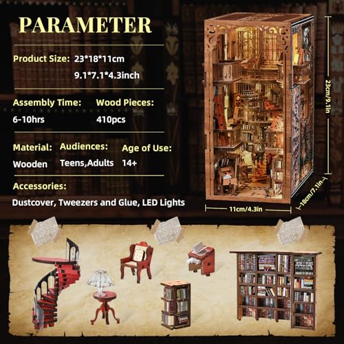 MiniCity Book Nook Kit, DIY Miniature Dollhouse Booknook Kit, 3D Wooden Puzzle Bookend Bookshelf Insert Decor with LED Light for Teens and Adults (Abbey Library) - style: Abbey Library