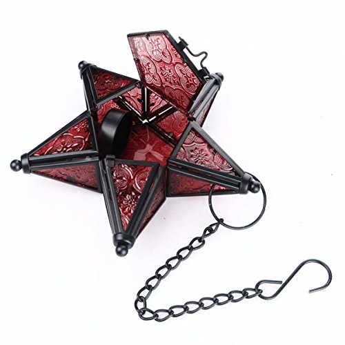 Morocco Metal Star Glass Lantern Wall Hanging Candle Holder for Decorative Wedding Party Home Decoration Birthday Party (Red) - color: Red