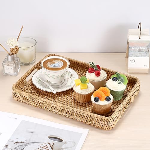 Hipiwe Handwoven Rattan Serving Tray Rectangular Wicker Tray with Handles Natural Decorative Trays for Storage Breakfast, Dessert, Fruit for Coffee Table, 13.4" L x 9.5" W - color: Natural Color, size: 13" x 9" x 1.9"