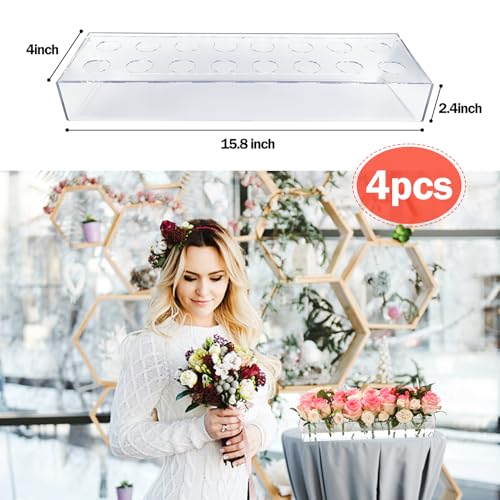4 Pack Clear Acrylic Flower Vase Centerpiece for Dining Table,63.2 Inch Rectangular Floral Low Vases with 64 Holes for Dining Table Modern Flower Arrangement for Home Decor or Weddings - size: 4Pcs