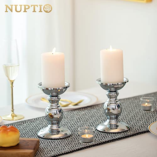 Nuptio Silver Pillar Candle Holders, Wedding Centerpieces Metal Candle Holder for 3inches Candles Stand Decoration Ideal for Weddings Special Events Parties Living Room, 2 Pcs - color: Silver, size: S + S