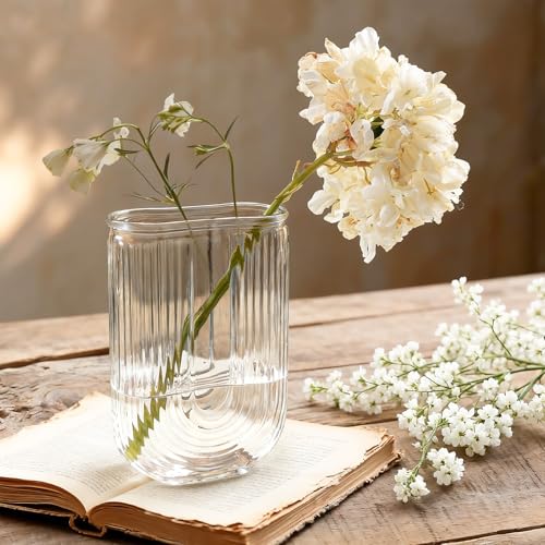 Clear Glass Vase for Flowers, U Shaped Ribbed Flower Vase for Centerpieces, Bouquet, Home Deco Vases 7.28 Inch, Modern Boho Glass Vases for Living Room, Bedroom, Wedding, Housewarming Gift - color: Clear