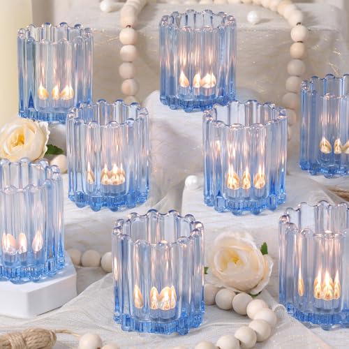 HAVITI Glass Blue Votive Candle Holder, Ribbed Votive Candle Holders Set of 12, Tealight Candle Holder for Wedding Centerpieces Dinner Party Table Decor - color: Blue