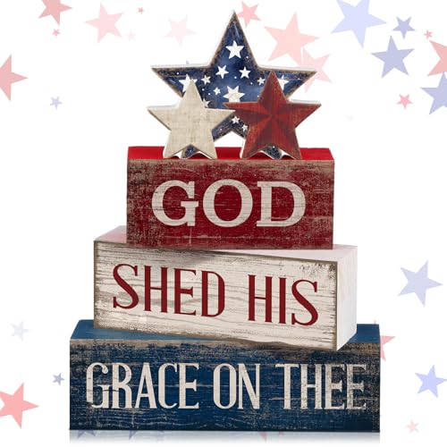 CroBlissful 4 Pcs 4th of July Decorations Patriotic Memorial Day Tabletop Decorations Red White Blue Table Centerpieces Sign for Office Tiered Tray Home Shelf 250th Anniversary(God) - style: God