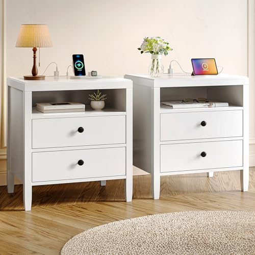 Huuger White Nightstand Set of 2, Night Stand with Charger Station, Bedside Table with 2 Drawers, Bed Side Tables for Bedroom, Modern Nightstands, Metal Knobs, Painted Surface - color: White