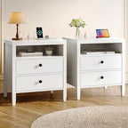 Huuger White Nightstand Set of 2, Night Stand with Charger Station, Bedside Table with 2 Drawers, Bed Side Tables for Bedroom, Modern Nightstands, Metal Knobs, Painted Surface - color: White