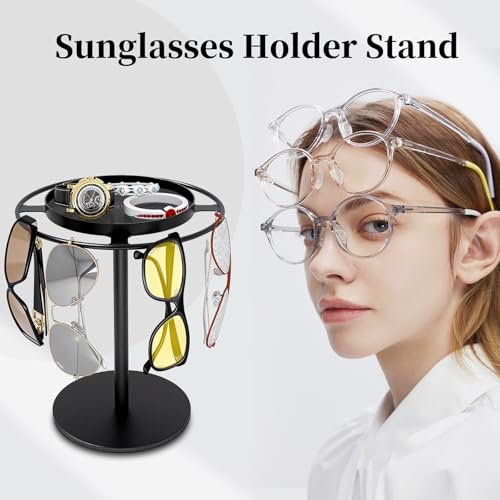 LSK Metal Sunglasses Organizer, Glasses Holder Stand with Storage Tray, Eyeglasses Holder with Anti-Slip Pads for Tabletop, Desk, Dresser, Matte Black