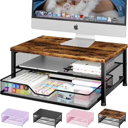 OPNICE Wood Computer Monitor Stand Riser, Desk Organizer with Drawer, Laptop Stand, Office Desk Accessories & Workspace Desktop Organizers Storage for Office Supplies(Brown) - color: Brown
