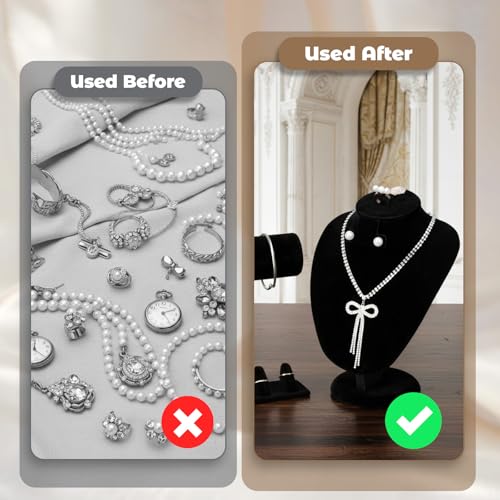 3Pcs Black Velvet Jewelry Display Set, Including Necklace Mannequin Bust Stand, T Shape Bracelet Stand, Ring Finger Jewelry Holder, for Retail Display Organization Home Decor
