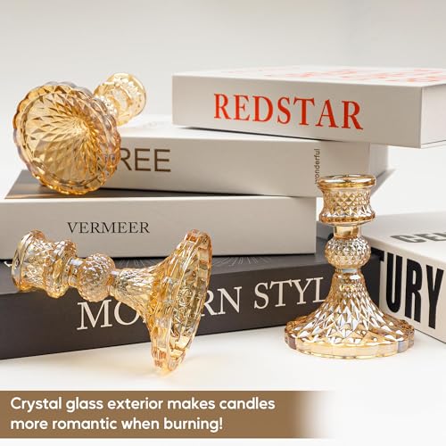 Crystal Glass Candlestick Holder Taper and Pillar Candle Holder Desktop Decoration for Wedding Dinning Party-3 pcs - color: Amber