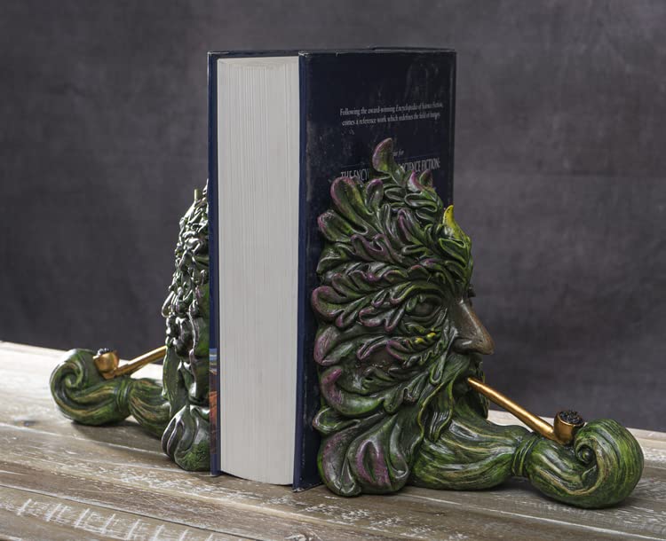 Ebros Gift Mythical Forest Tree Spirit Ent Celtic Greenman with Cigar Pipes Decorative Bookends Figurine Pair Set Wicca Horned God Sculptural Bookend Library Bookshelf Accent