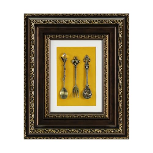 FOLKOR LIFE Vintage Wall Art Decor, Framed Wall Sculptures Art with Embossed Intricate Spoons Design for Home Decor, Dining Room Décor, Coffee Shop, Housewarming Gifts, 10.5x12.5 (Brown & Blue) - color: Brown & Yellow-3 Spoons