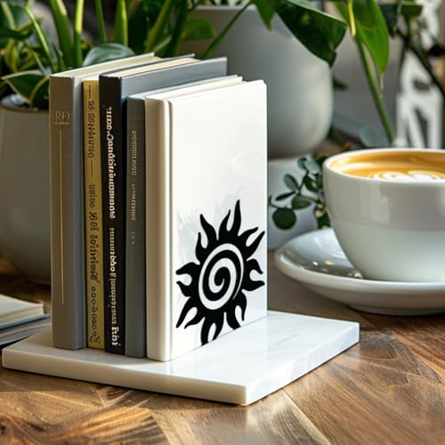 Peacoblue Metal Bookends for Shelves, Modern Decorative Heavy Duty Study Book Support Stoppers for Office, Desk, Shelf, Room 5.3"x4.3"x5.5" Cast Iron Simple Tall Bookends, 1 Pair (Sun) - style: Sun
