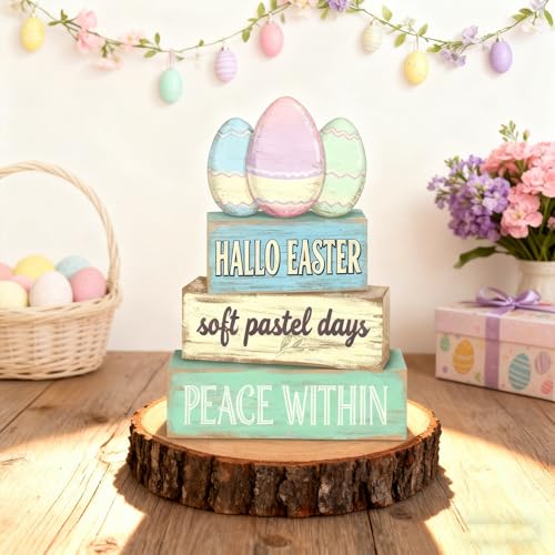 Easter Decorations - Hallo Easter Pastel Egg Tiered Tray Decor - Wooden Easter Tabletop Sign - Soft Pastel Farmhouse Spring Home Decor Indoor for Tiered Tray Shelf Mantel Coffee Table - Spring Home Decor for Living Room, Kitchen Counter - style: Egg