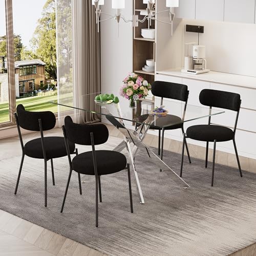 51'' Modern Glass Dining Table for 4, Rectangular Tempered Table Top Silver Base with 4 Minimalism Black Boucle Dining Chairs, 5 Piece Dining Room Table Set, Easy Assemble - color: Silver+black Chairs, size: 51'' + 4 Chairs