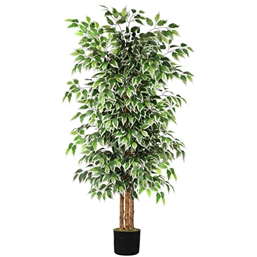 GTIDEA 6ft Artificial Tree Ficus, Tall Faux Trees Indoor with Natural Trunk and Fake Silk Tree Fake Plants for Home Spring Decor Living Room Outdoor Balcony House Office (Included Dried Moss) - color: 6ft Ficus Tree