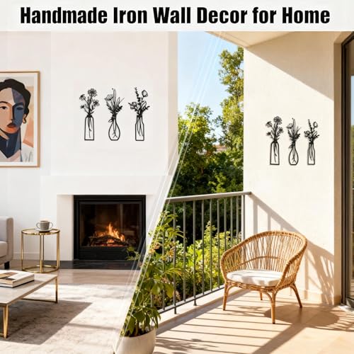 Set of 3 Black Metal Flower Wall Art, Modern Farmhouse Rustic Vase Wall Decor for Living Room Bathroom Kitchen Bedroom, Elegant Gift for Housewarming Spring Mother's Day for Homeowners - color: Black