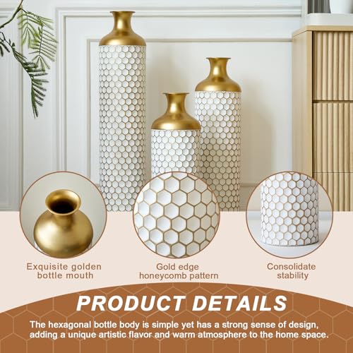 Floor Vases, Tall Home Decor Metal Vase Set of 3 Large Glazed Decorative Vases for Wedding Decor, Elegant Modern Flower Holder for Living Room, Entryway, Hallway, Dining Room - color: Leaf Scatter White Gold