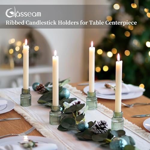 Glasseam Taper Glass Candlestick Holder: Green Candle Stick Holders Set of 2 Small Candle Holders for Candlesticks Vintage Crystal Tapered Candle Holder for Wedding Table Centerpiece Christmas Advent - color: Green