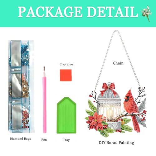 Auremi Christmas Diamond Art Pendant Kits,5D Cardinal Diamond Art Diamond Painting Hanging Kits,DIY Special Shaped Diamonds Painting Suncatcher Pendant Kit for Adults for Gift Wall Home Decor - color: Cardinal Christmas