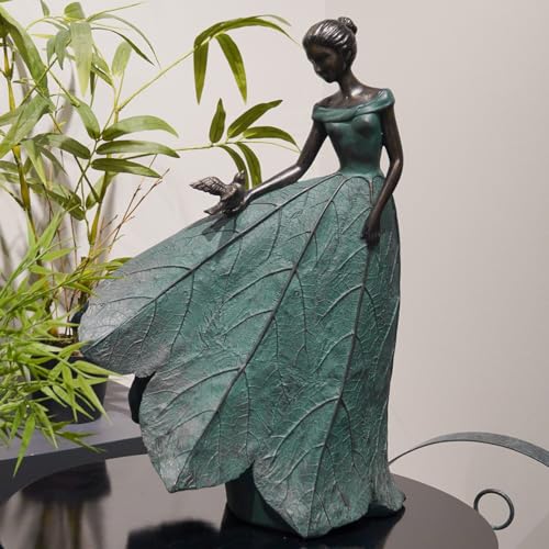 Guichifun Fairy Statue Collection Home Decoration - Leaf Angel Girls Resin Home Decor for Outside or Inside Rustic Garden Outdoor Yard Decorations Figurines Gift 14.25 x 9 x 20.25 Inch - color: Green-bird, size: X-Large
