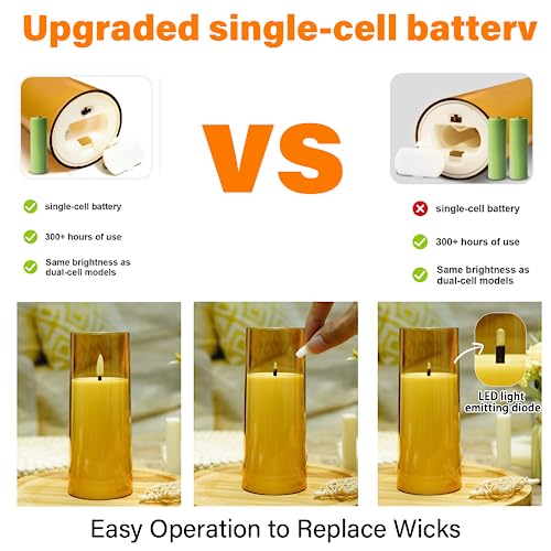 kakoya Flickering Flameless Candles Battery Operated with Remote and 2/4/6/8 H Timer Acrylic Led Pillar Candles Pack of 9 (appr D2.3"xH5.5"6.5"7.5")with Realistic 3D Wick Candles for Home Decor(Gold) - color: Gold