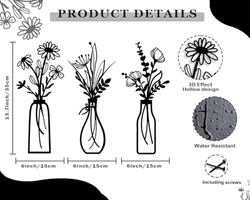 Pigort 3 Pieces Metal Flowers Wall Arts - Rustic Farmhouse Decor Black Minimalist Flower Wall Decors for Living room Bathroom Bedroom Dining Room - Housewarming Gifts(Black, Vase-C) - color: Black