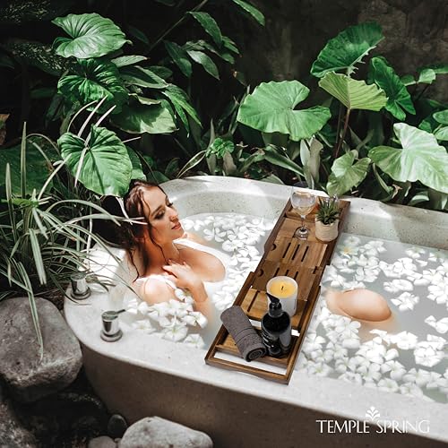 Temple Spring Foldable Bathtub Tray, Unique Design Selfcare Bathroom Caddy, Acacia Spa Bathroom Tray, Wooden Bathtub Accessories, Wedding Gift/Birthday Gift/New Home Bath Table – Not Teak - color: Foldable Acacia