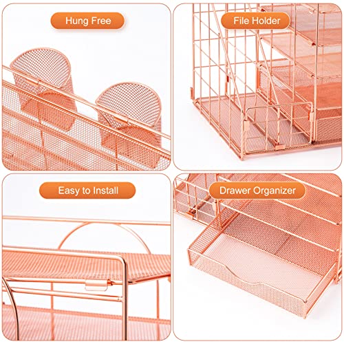 Marbrasse Rose Gold Desk Organizer with File Holder, 5-Tier Paper Letter Tray Organizer and Drawer, Mesh Desktop Storage with Magazine Holder for Office Supplies - color: Rose Gold