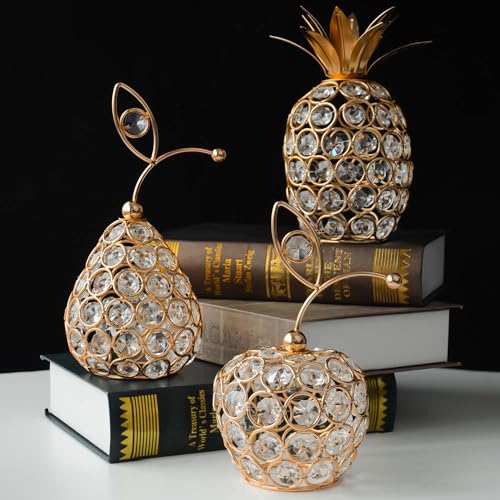 Set of 3 Elegance Crystal Metal Pineapple Pear Table Centerpiece Handmade Crystal Candlestick Hollow Fruit Ornament Home Party Wedding Holiday Decoration (Gold, Set of 3) - color: Gold
